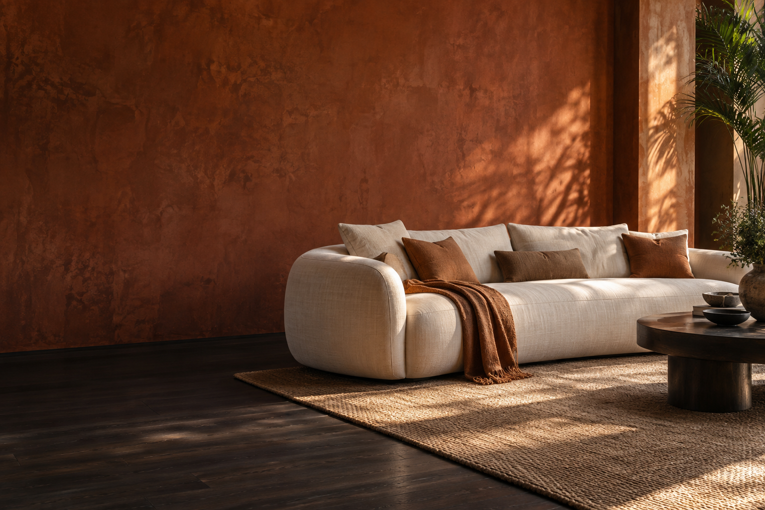 Concept styling: a sculptural ivory sofa in a sunlit terracotta interior