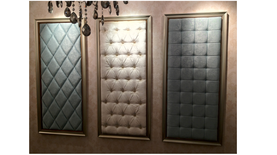 Three upholstered blue and ivory wall panels with different tufted designs