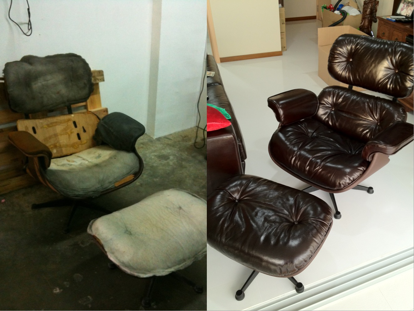 After restoration: the lounge chair and ottoman with renewed dark leather upholstery
